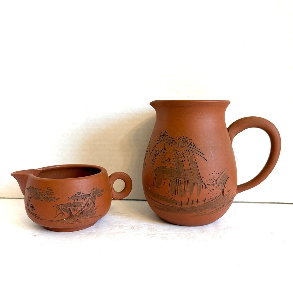 Vintage Japanese Tokoname Terracotta Pitcher Creamer Set Mt Fuji Etched Red Clay